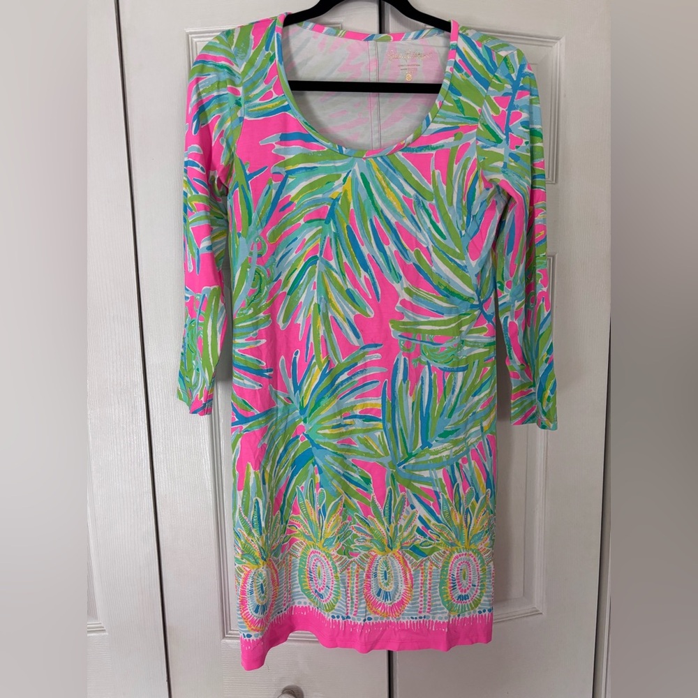 Lilly Pulitzer Beacon Tiki Pink Royal Lime 3/4 Sleeve Pullover Dress small